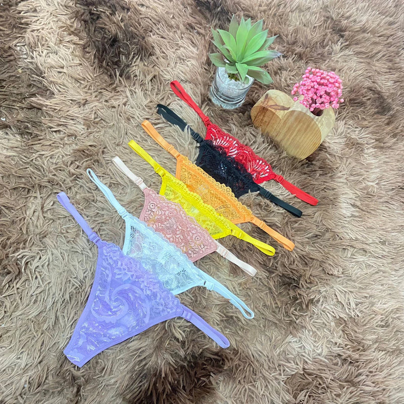 Kit com 5 Calcinhas Fio Dental de Renda com Regulagem – Lingerie Feminina Sexy