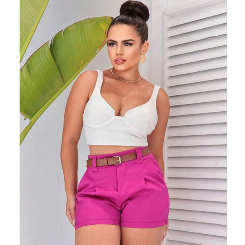 Short Feminino de Alfaiataria Social com Cinto e Cintura Alta – Promoção Especial